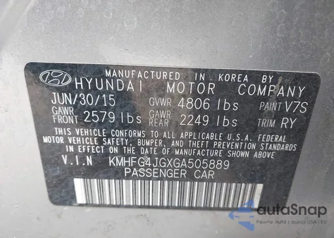 2016 Hyundai Azera из США, поврежденный, VIN KMHFG4JGXGA505889